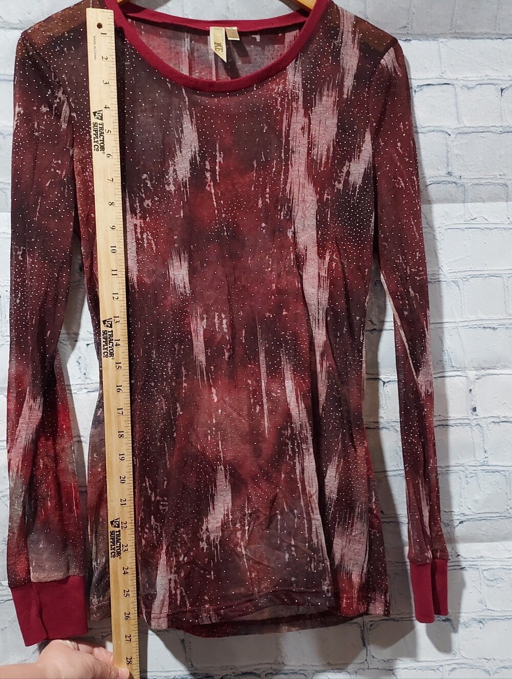 BKE L Red Sheer Top Studded Crew Neck Long Sleeve Gothic Vampire Biker Rocker - Picture 9 of 10